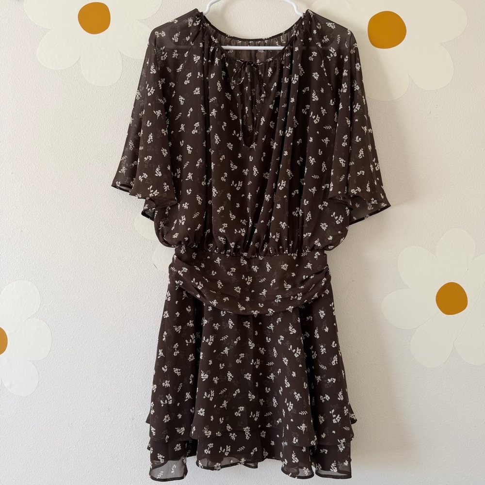 EUC Abercrombie Angel Sleeve Sheer Mini  Dress Brown Floral Cottagecore TALL - Picture 6 of 15